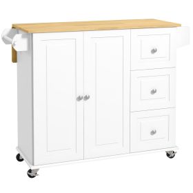 HOMCOM Rolling Kitchen Island Cart with Drop Leaf, 3 Drawers, Cabinet, Natural Wood Top, Spice & Towel Rack, White