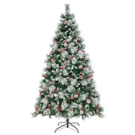 7ft Pre-Lit Christmas Tree - 70 Red Berries  70 Pine Cones, Changeable Lights & Auto-Stretching Branches, Ideal For Home Office Parties (Color: green)