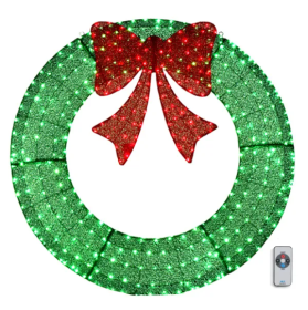 60in Pre-Lit Outdoor Christmas Wreath Decoration, LED Metal Holiday Decor For Home Exterior, Garden W  400 Lights, Bow - Green Red (Color: green)